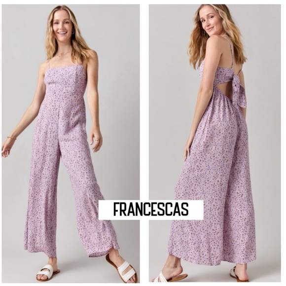 New Francesca’s Lucia Sleeveless Lavender Floral Print Bow Back Jumpsuit - Picture 1 of 6
